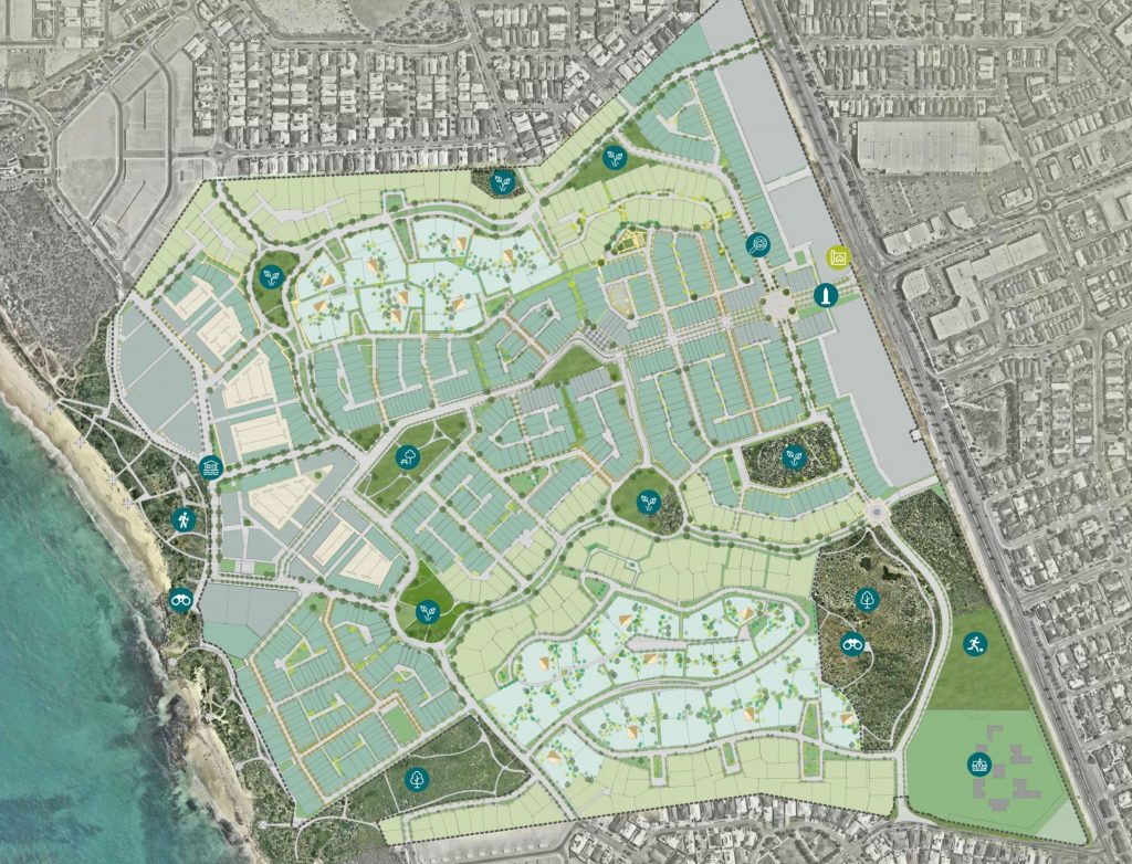 Illustrated masterplan of Jindee, a walkable coastal community in Perth’s northern corridor, showing connected streets, rear laneways, parks, tree-lined boulevards, public open space and direct access to the coastline.