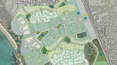 Illustrated masterplan of Jindee, a walkable coastal community in Perth’s northern corridor, showing connected streets, rear laneways, parks, tree-lined boulevards, public open space and direct access to the coastline.