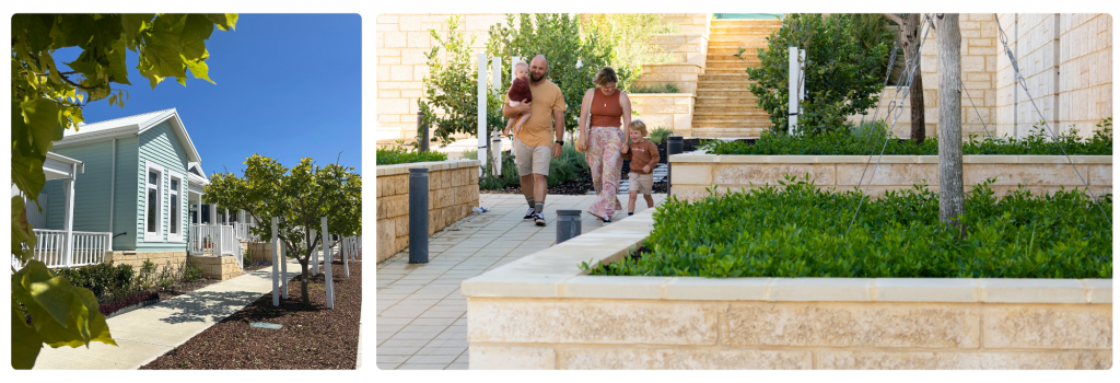 Family walking through landscaped pedestrian streets at Jindee coastal estate